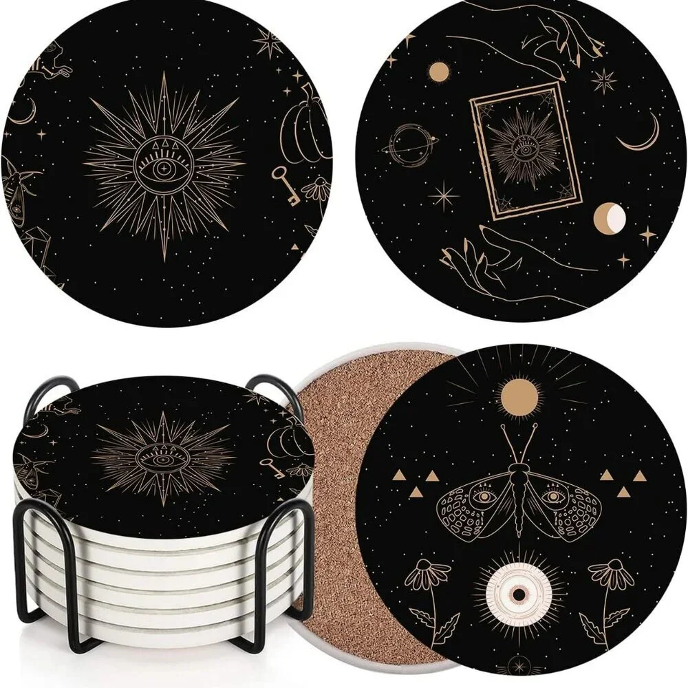 Table Coaster for Drinks Set of 6, Cute Black Mystical Skulls Animals Magic Coff